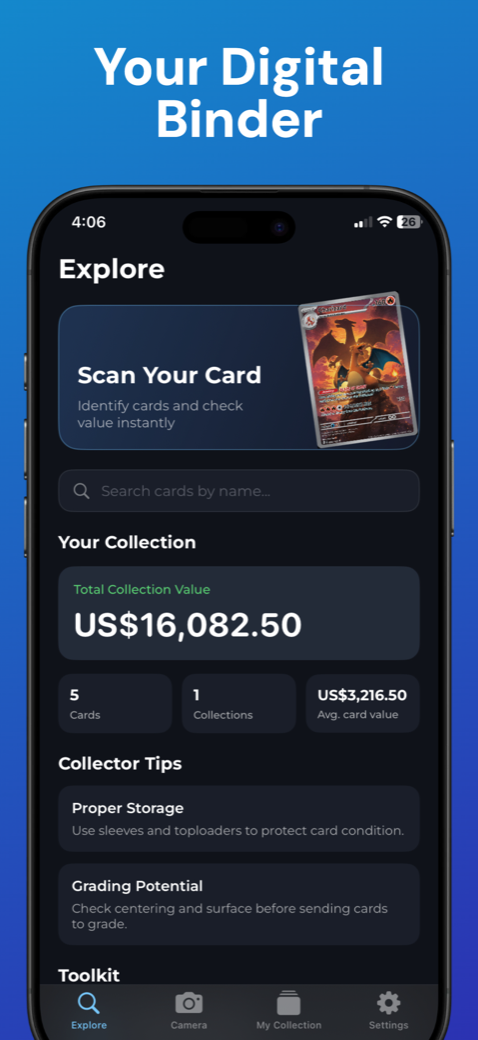 Scanner Dex digital binder with collection value and card count
